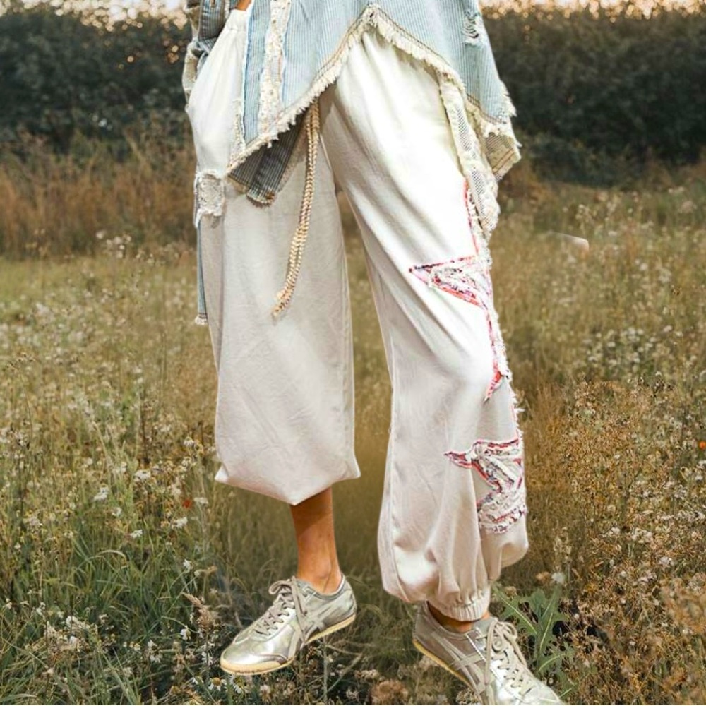 POL Star Patchwork Ivory Joggers | Embroidered Elastic Waist Pants - Picture 8 of 11